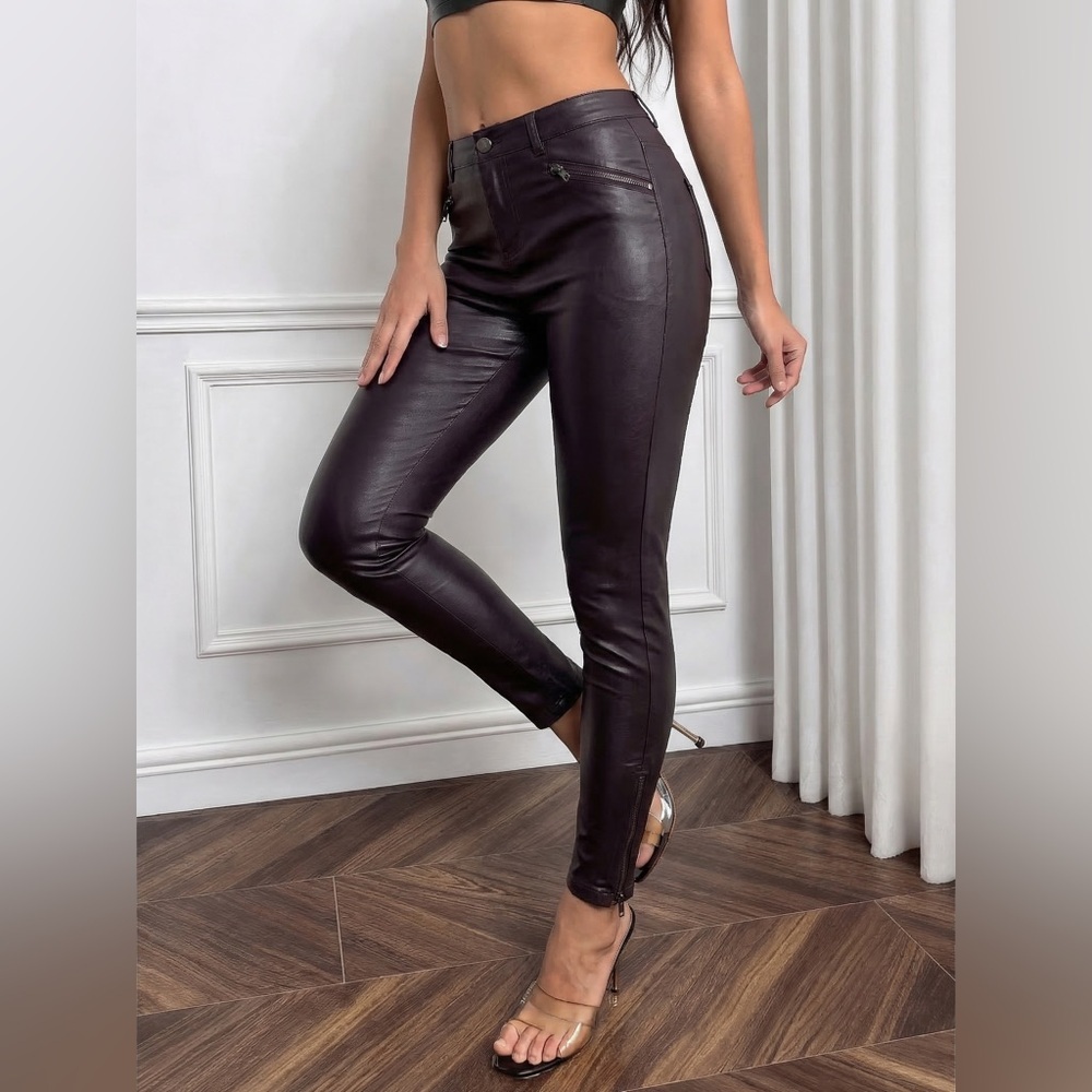 Level 99 Skinny Pants 27 28x27.5 Vegan Leather Plum Stretch Ankle Zip Womens New